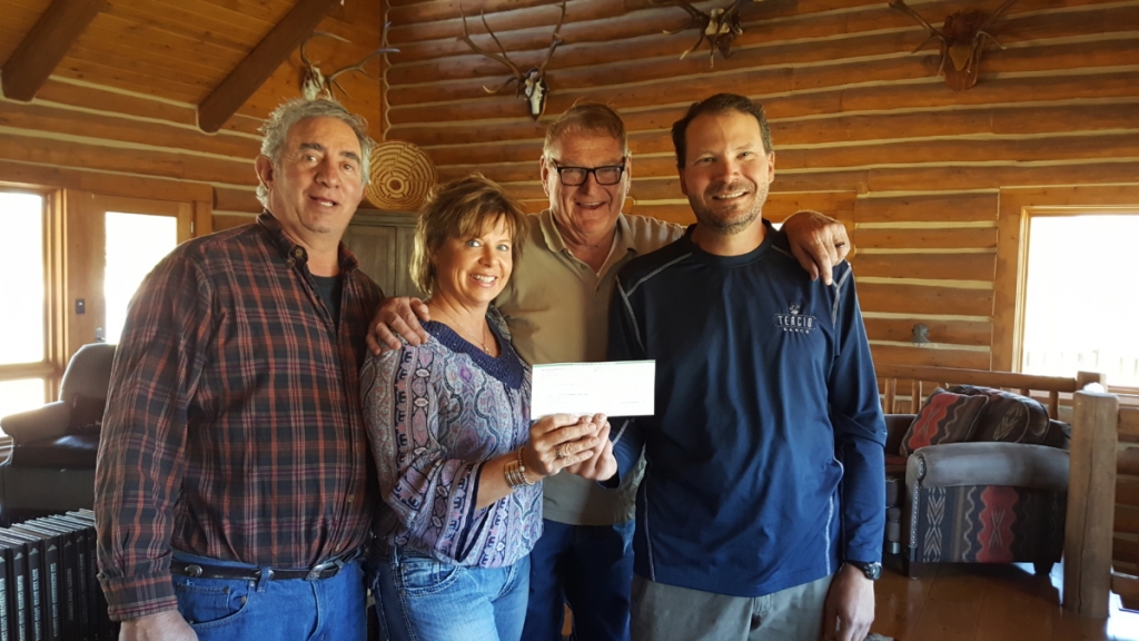 Vonna Parsons Scholarship Committee members receiving the 2016 $2,000 donation for the scholarshop fund from Tercio Ranch and Tercio Foundation. Pictured left to right: Dan Costa, Leann Watson, and Aaron Swallow, in the back row is former commitee member, Charlie Hislop. Photo courtesy Barb Holik
