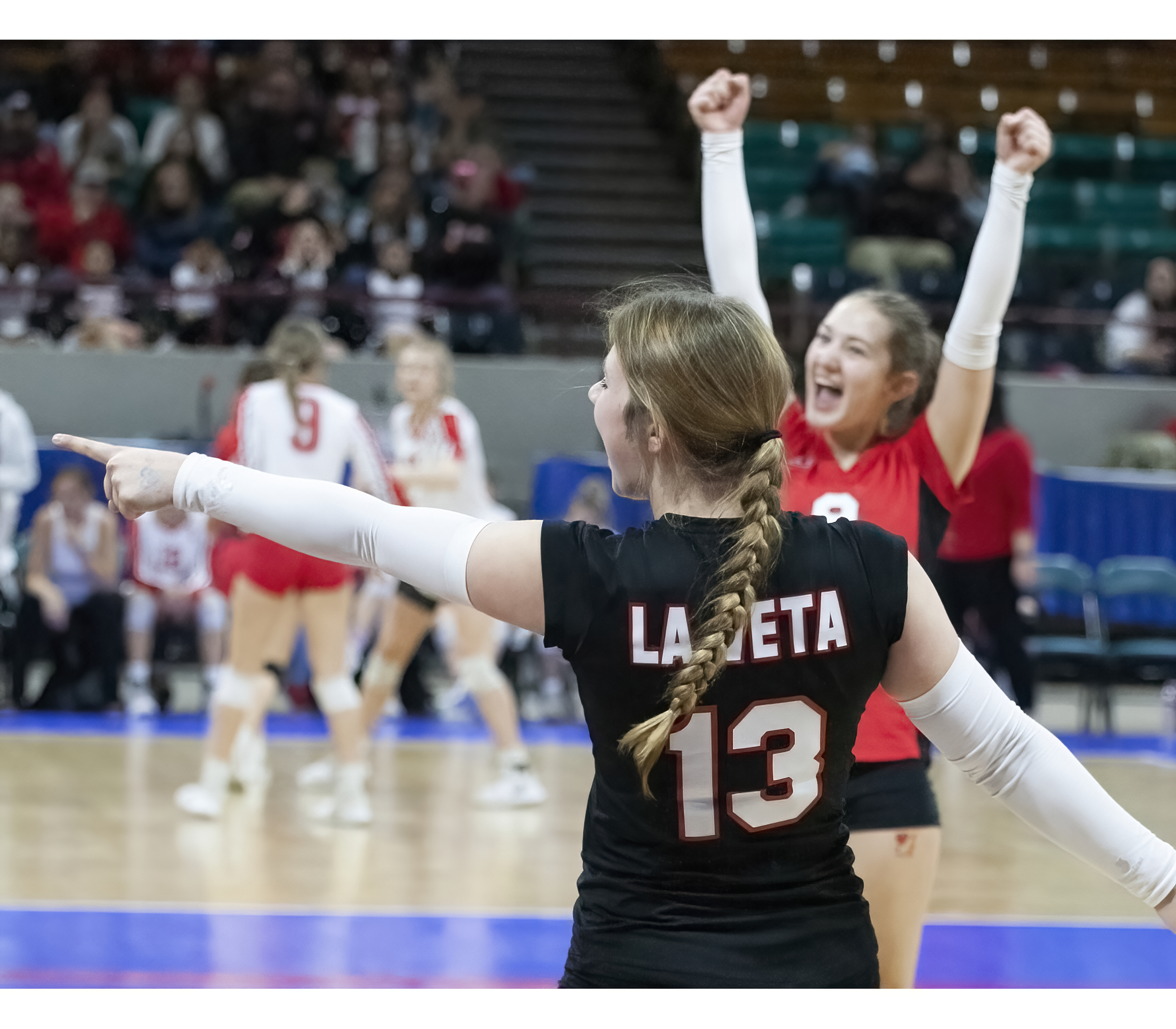 Kylee Guadagnoli and Tallie Noordik  of La Veta celebrate a winning point during the match up with Kit Carson last Friday morning.